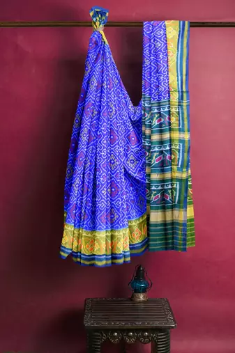 Blue and green patola silk single ikkat silk saree