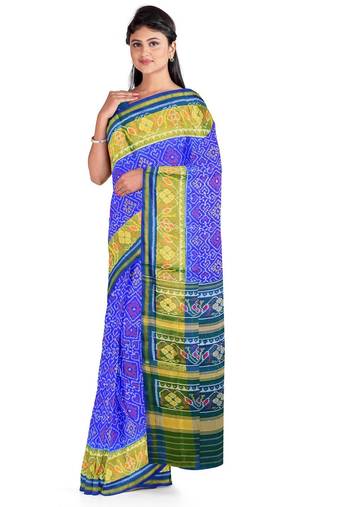 Blue and green patola silk single ikkat silk saree