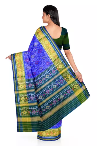 Blue and green patola silk single ikkat silk saree