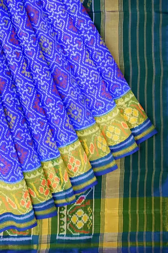 Blue and green patola silk single ikkat silk saree