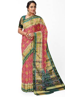 Red and green patola silk single ikkat silk saree 1