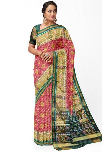 Red and green patola silk single ikkat silk saree