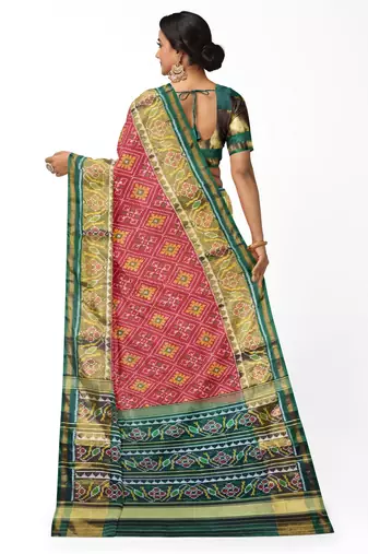 Red and green patola silk single ikkat silk saree