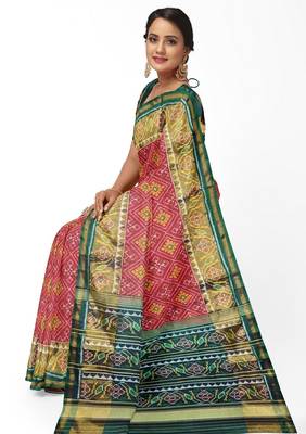 Red and green patola silk single ikkat silk saree 3