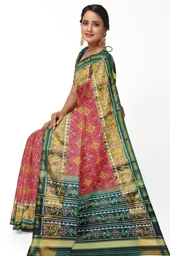 Red and green patola silk single ikkat silk saree
