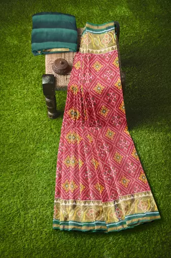 Red and green patola silk single ikkat silk saree