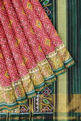 Red and green patola silk single ikkat silk saree 5