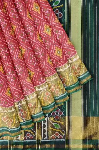 Red and green patola silk single ikkat silk saree