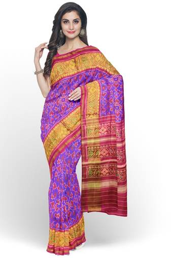Pink and purple patola silk single ikkat silk saree
