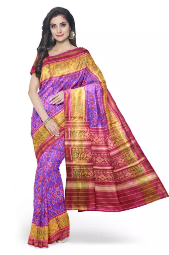 Pink and purple patola silk single ikkat silk saree