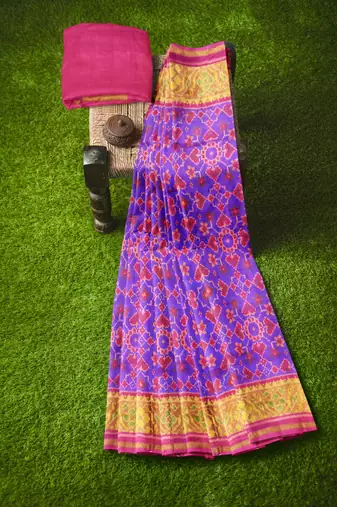 Pink and purple patola silk single ikkat silk saree