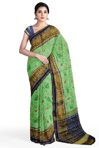 Parrot green and blue patola silk single ikkat silk saree