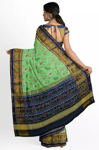 Parrot green and blue patola silk single ikkat silk saree