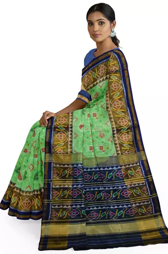 Parrot green and blue patola silk single ikkat silk saree