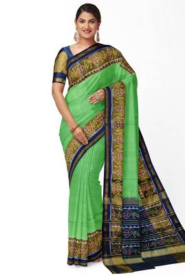 Parrot green and blue patola silk single ikkat silk saree 1