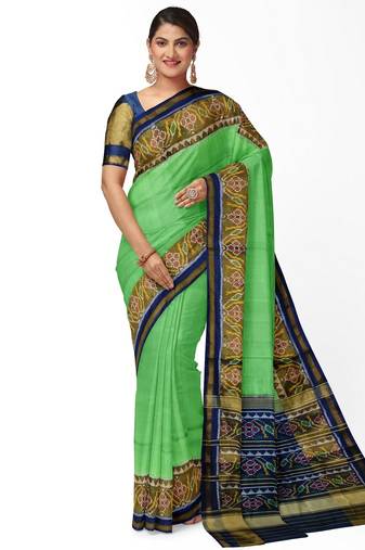 Parrot green and blue patola silk single ikkat silk saree