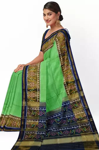 Parrot green and blue patola silk single ikkat silk saree