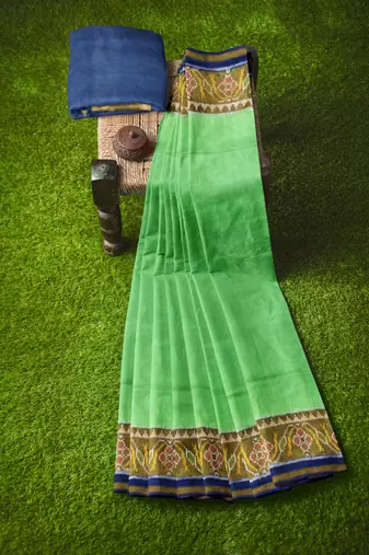 Parrot green and blue patola silk single ikkat silk saree