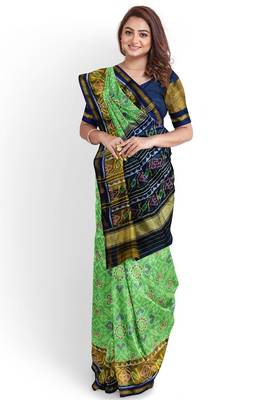 Parrot green and blue patola silk single ikkat silk saree 1