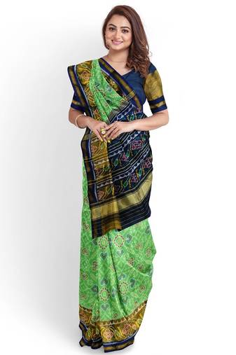 Parrot green and blue patola silk single ikkat silk saree
