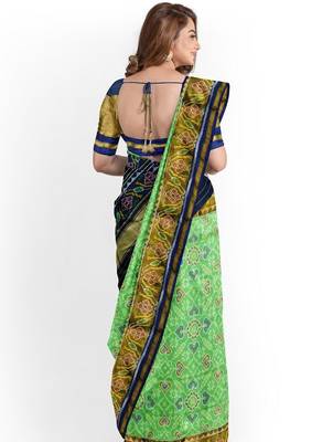 Parrot green and blue patola silk single ikkat silk saree 2