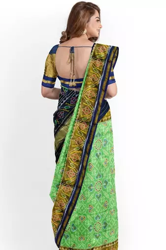 Parrot green and blue patola silk single ikkat silk saree