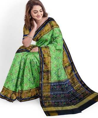 Parrot green and blue patola silk single ikkat silk saree 3
