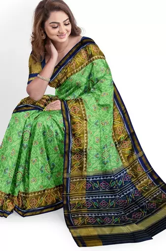 Parrot green and blue patola silk single ikkat silk saree