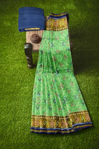 Parrot green and blue patola silk single ikkat silk saree