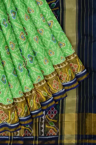Parrot green and blue patola silk single ikkat silk saree