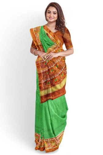 Parrot green and orange patola silk single ikkat silk saree