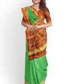Parrot green and orange patola silk single ikkat silk saree