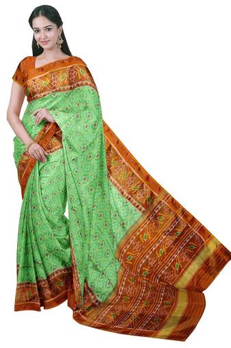 Parrot green and orange patola silk single ikkat silk saree