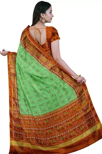 Parrot green and orange patola silk single ikkat silk saree