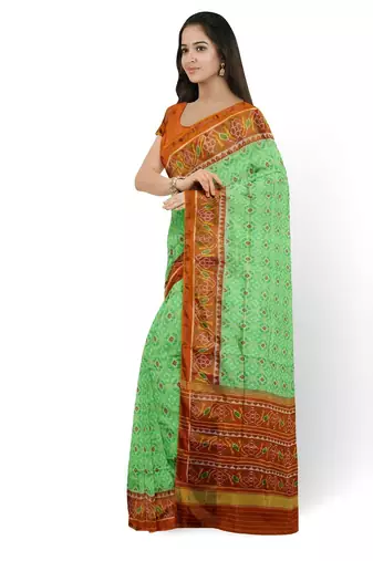 Parrot green and orange patola silk single ikkat silk saree