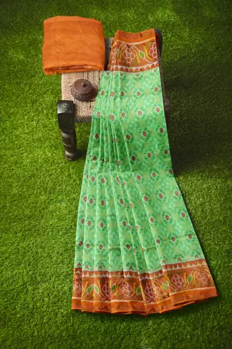 Parrot green and orange patola silk single ikkat silk saree