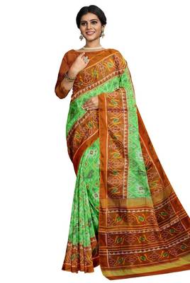 Parrot green and orange patola silk single ikkat silk saree 1