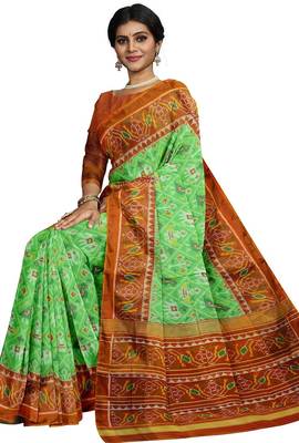 Parrot green and orange patola silk single ikkat silk saree 2