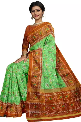 Parrot green and orange patola silk single ikkat silk saree