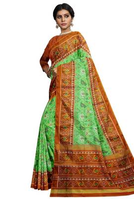 Parrot green and orange patola silk single ikkat silk saree 3