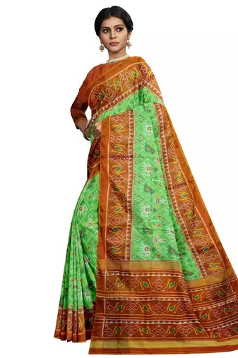 Parrot green and orange patola silk single ikkat silk saree