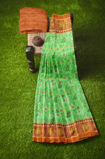 Parrot green and orange patola silk single ikkat silk saree