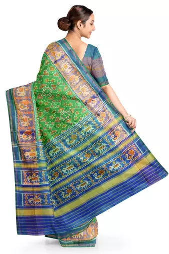 Parott green and blue patola silk single ikkat silk saree