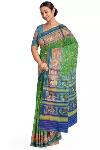 Parott green and blue patola silk single ikkat silk saree