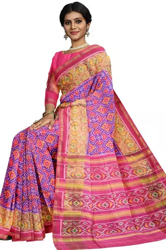 Pink and purple patola silk single ikkat silk saree