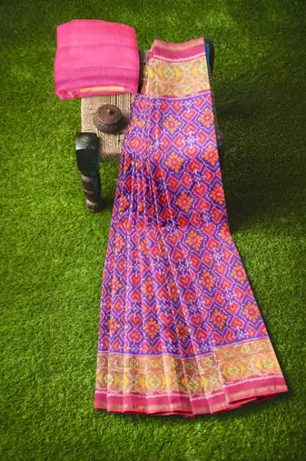 Pink and purple patola silk single ikkat silk saree