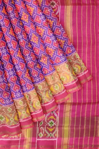 Pink and purple patola silk single ikkat silk saree
