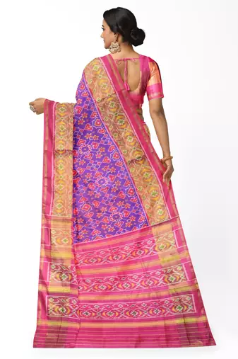 Pink and purple patola silk single ikkat silk saree