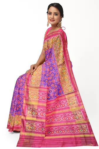 Pink and purple patola silk single ikkat silk saree