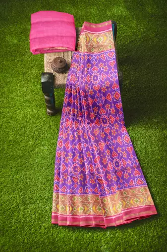 Pink and purple patola silk single ikkat silk saree